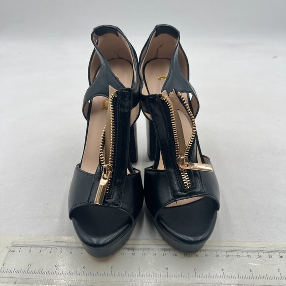 FSJ Black Peep Open Toe T-Strap Front Zipper Chunky Stacked High Heel Sandal - Picture 3 of 8